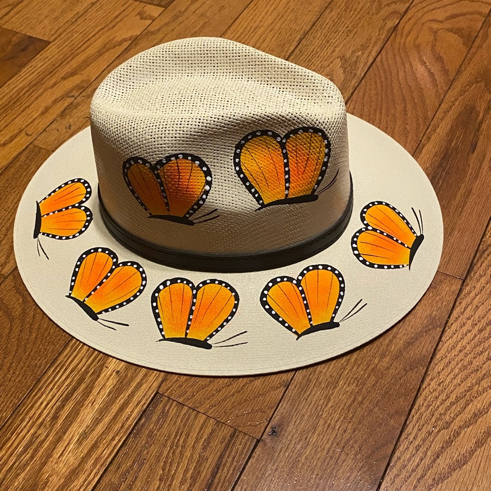 Womens 100% Canvas‎ Made in Mexico Hand Painted Butterfly Panama Hat Medium NEW